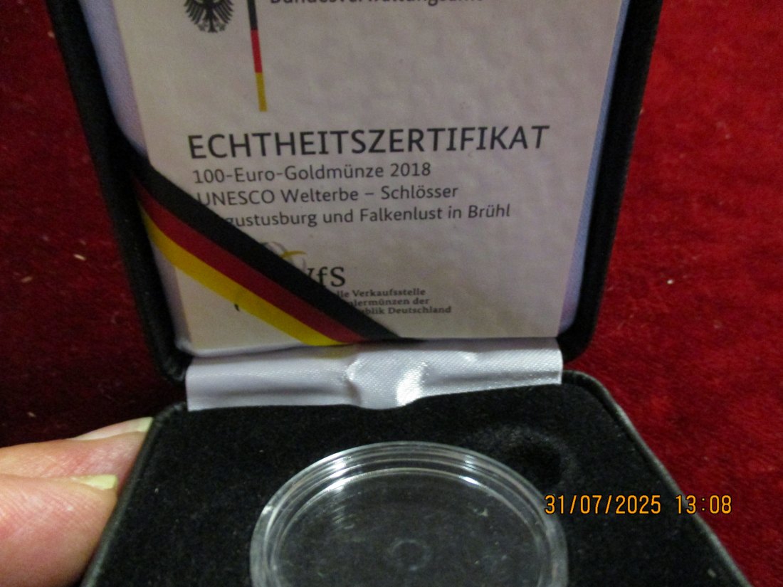  Münz-Etui für 100 € Euro Gold BRD mit Zertifikat und Kapsel 2018 Schlösser 54g   