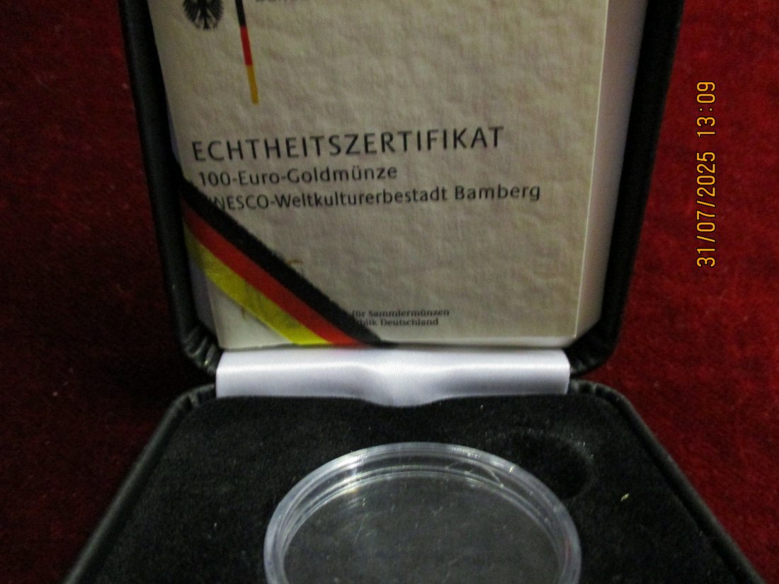  Münz-Etui für 100 € Euro Gold BRD mit Zertifikat und Kapsel 2004 Bamberg 54g   