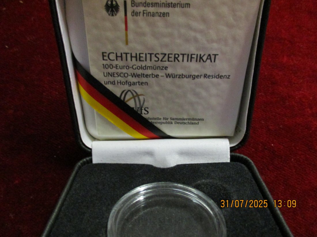  Münz-Etui für 100 € Euro Gold BRD mit Zertifikat und Kapsel 2010 Würzburger 54g   