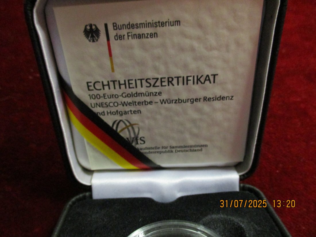  Münz-Etui für 100 € Euro Gold BRD mit Zertifikat und Kapsel 2010 Würzburger 54g   