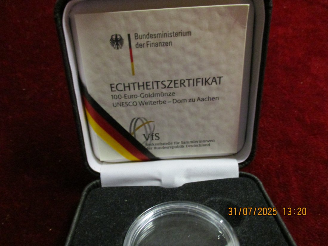  Münz-Etui für 100 € Euro Gold BRD mit Zertifikat und Kapsel 2012 Dom zu Aachen 54g   