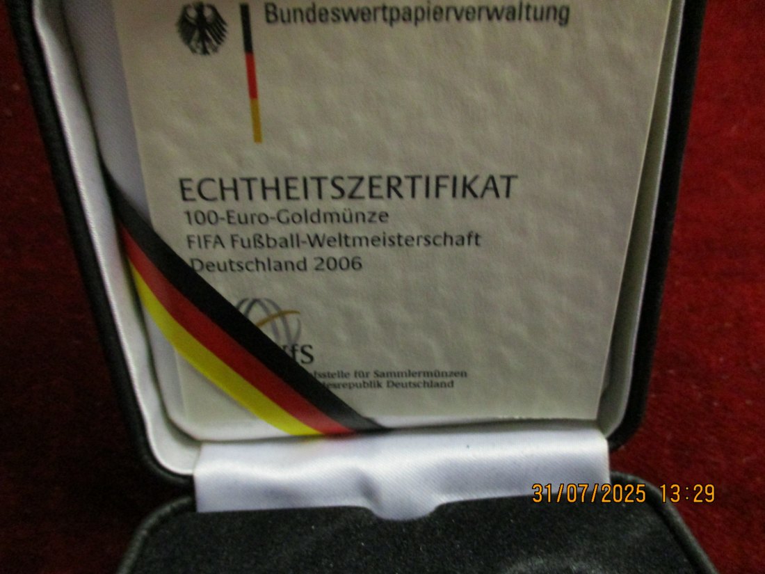  Münz-Etui für 100 € Euro Gold BRD mit Zertifikat und Kapsel 2006 Weltmeisterschaft 54g   