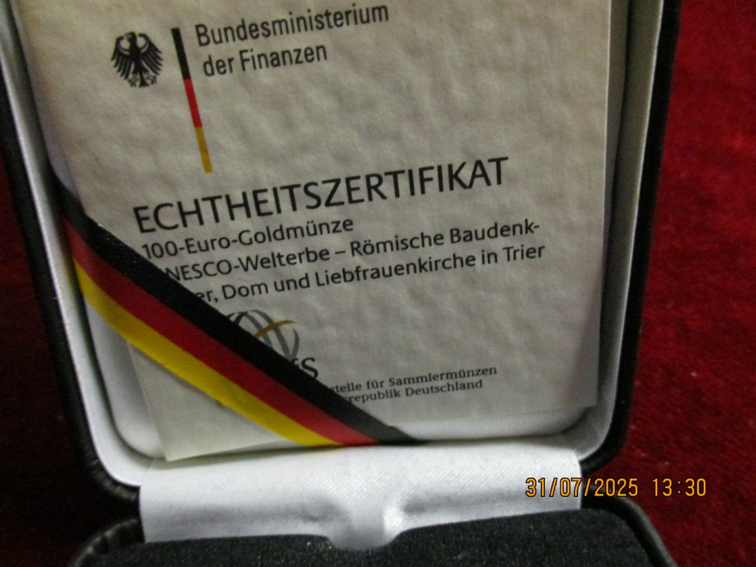  Münz-Etui für 100 € Euro Gold BRD mit Zertifikat und Kapsel 2009 Trier 54g   
