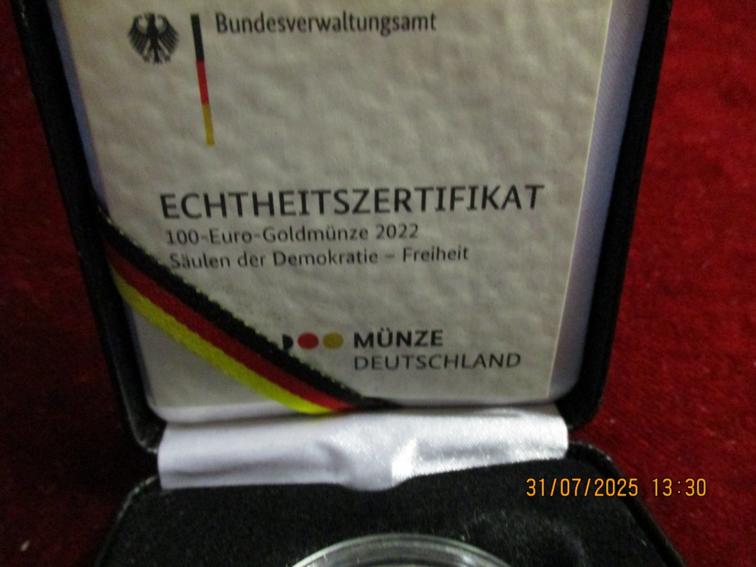  Münz-Etui für 100 € Euro Gold BRD mit Zertifikat und Kapsel 2022 Säulen Freiheit 54g   