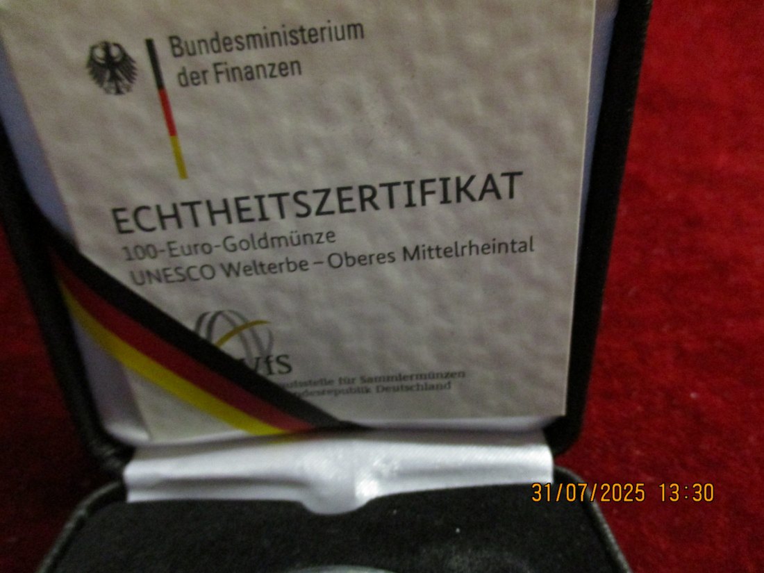  Münz-Etui für 100 € Euro Gold BRD mit Zertifikat und Kapsel 2015 Oberes Mittelrheintal 54g   