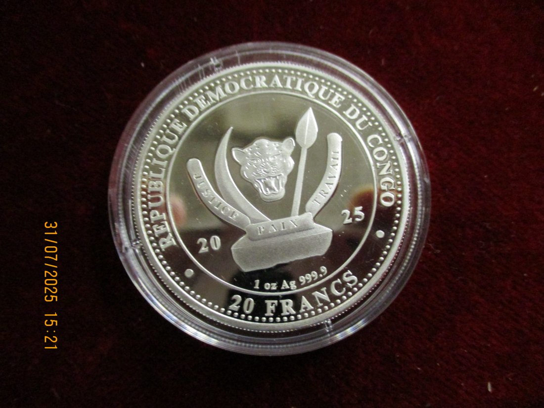  20 Francs Kongo Löwe 2025 teil vergoldet  999,9er Silber 31,1 Gramm   