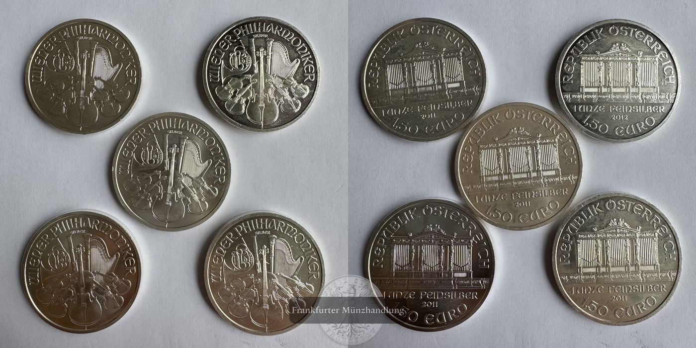  Österreich 5x 1,50 Euro Wiener Philharmoniker 2011 FM-Frankfurt KM#3159 Feinsilber: 155g   