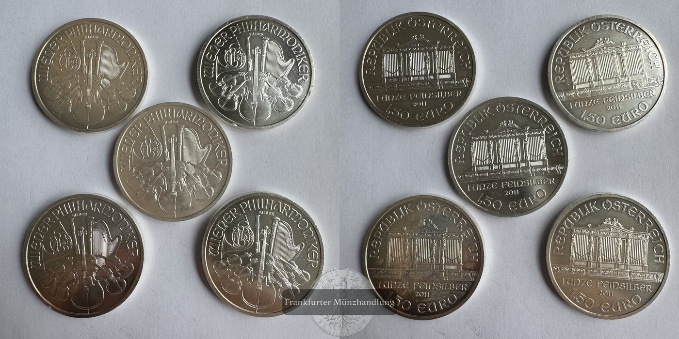  Österreich 5x 1,50 Euro Wiener Philharmoniker 2011 FM-Frankfurt KM#3159 Feinsilber: 155g   