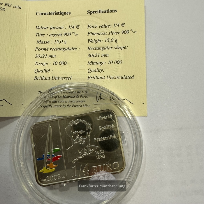  Frankreich 1/4 Euro 2008 FM-Frankfurt Feinsilber: 13,5g   
