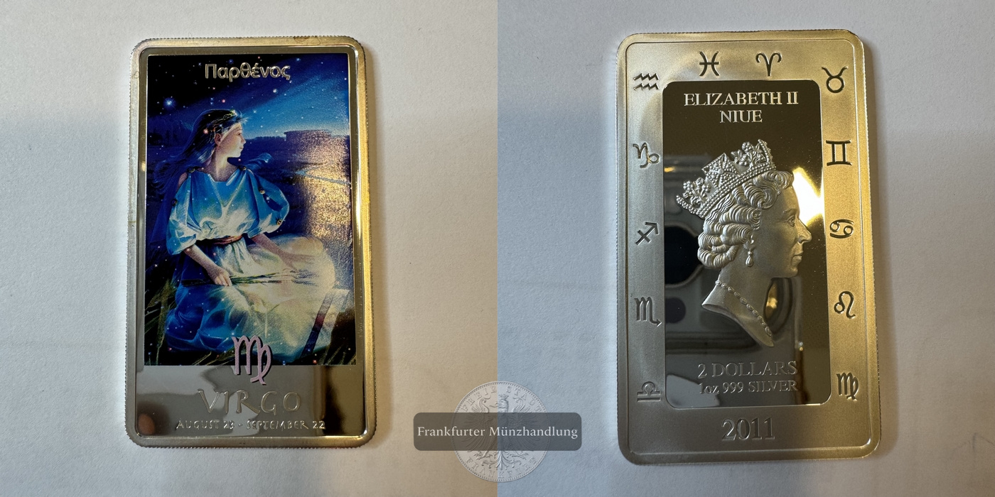  Niue 2 Dollars 2011 Silberbarren Sternzeichen Virgo FM-Frankfurt Feinsilber: 31g   