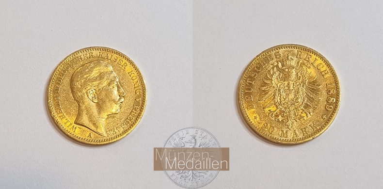 Dt. Kaiserreich. Preussen Wilhelm II. MM-Frankfurt Feingold: 7,17g 20 Mark 1889 A 