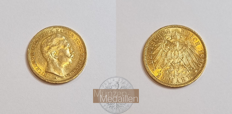 Dt. Kaiserreich Preussen, Wilhelm II MM-Frankfurt KM#521 Feingold: 7,17g 20 Mark (1890-1913) 1890 A 