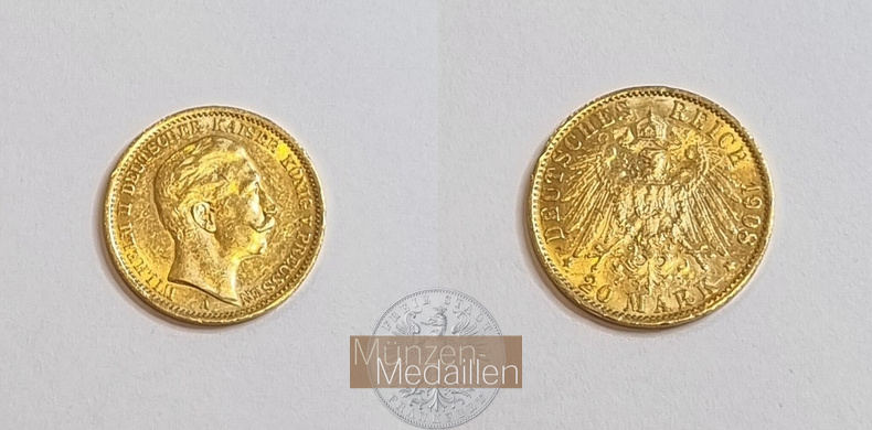 Dt. Kaiserreich. Preussen Wilhelm II. MM-Frankfurt Feingold: 7,17g 20 Mark 1908 A 