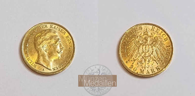 Dt. Kaiserreich Preussen, Wilhelm II MM-Frankfurt KM#521 Feingold: 7,17g 20 Mark (1890-1913) 1909 A 