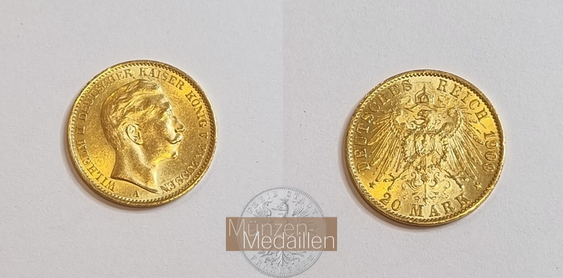 Dt. Kaiserreich Preussen, Wilhelm II MM-Frankfurt KM#521 Feingold: 7,17g 20 Mark (1890-1913) 1909 A 