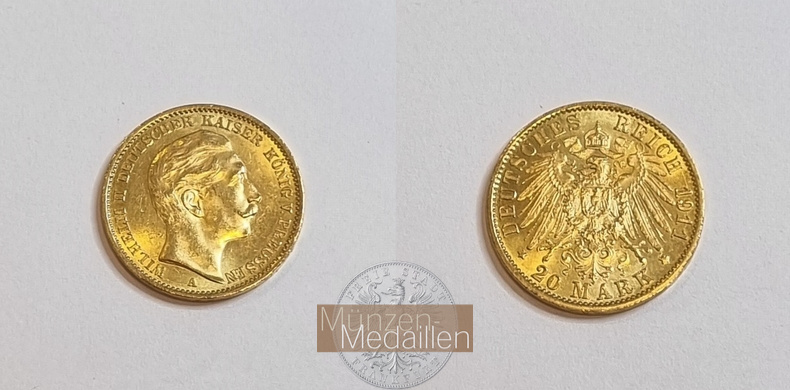 Dt. Kaiserreich, Preussen Wilhelm II. MM-Frankfurt Feingold: 7,16g 20 Mark 1911 A 