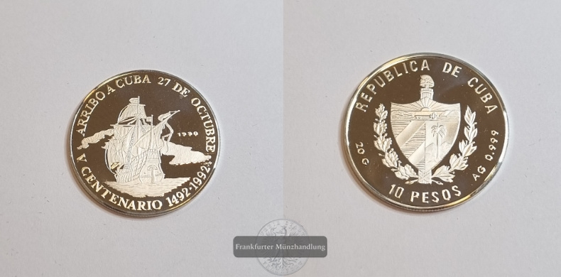  Kuba 10 Pesos 1990 Entdeckung Kubas FM-Frankfurt Feinsilber: 20g   