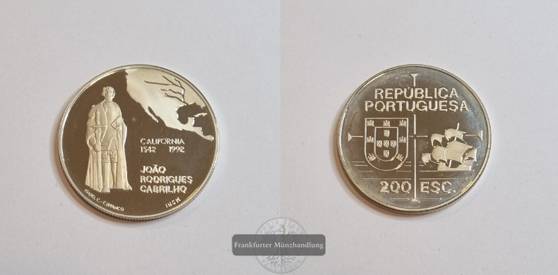  Portugal 200 Escudos 1992 Entdeckung Kaliforniens FM-Frankfurt Feinsilber: 24,5g   
