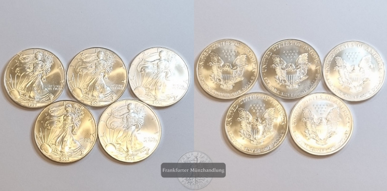  USA 1 Dollar  1999 - 2003  American Eagle 5 Münzen LOT  FM-Frankfurt Feinsilber: 155,4g   
