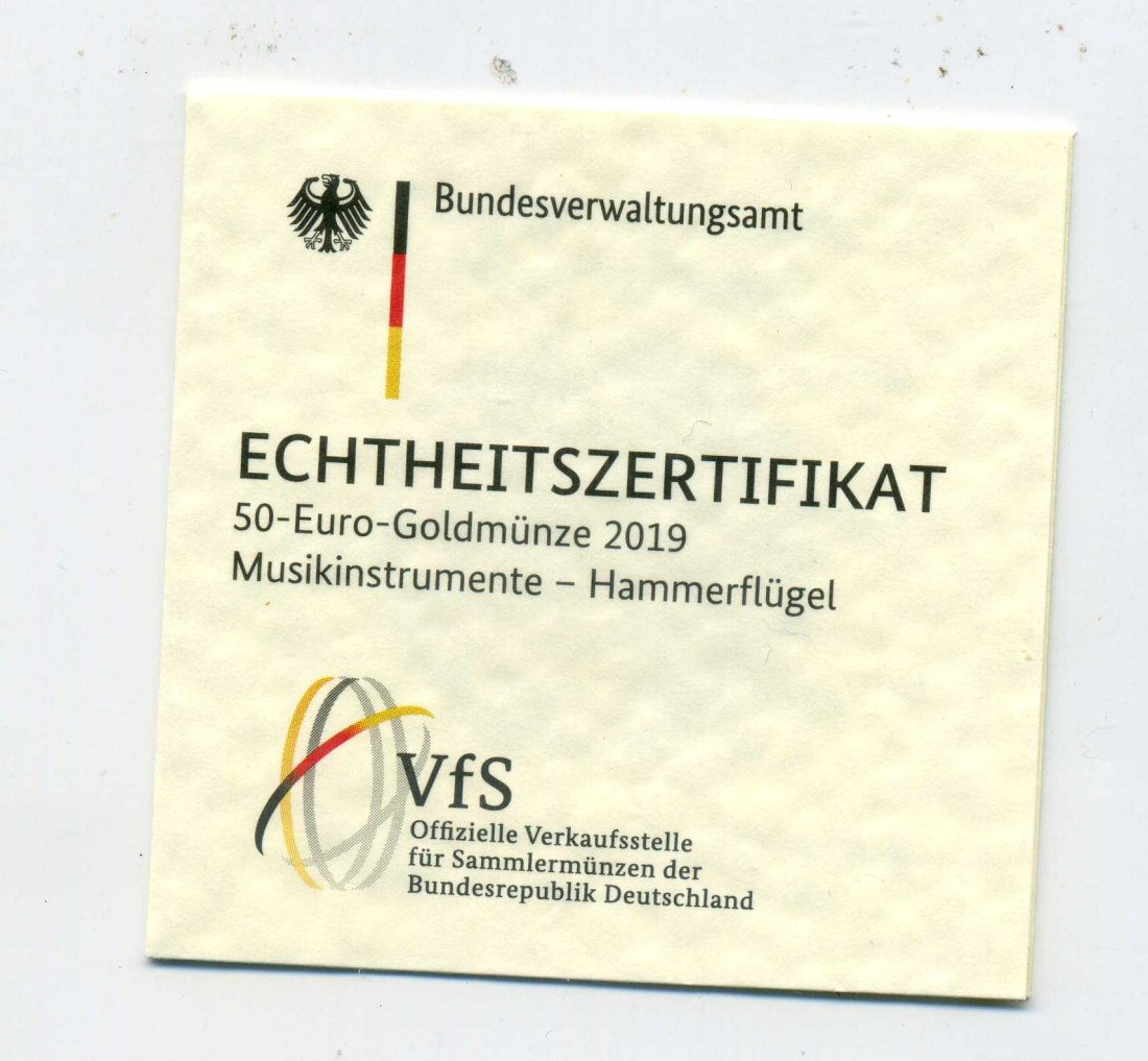  Zertifikat Original für 50 Euro Goldmünze 2019 Hammerflügel nur Zertifikat !!!   