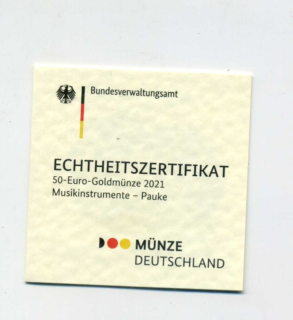  Zertifikat Original für 50 Euro Goldmünze 2021 Pauke nur Zertifikat !!!   