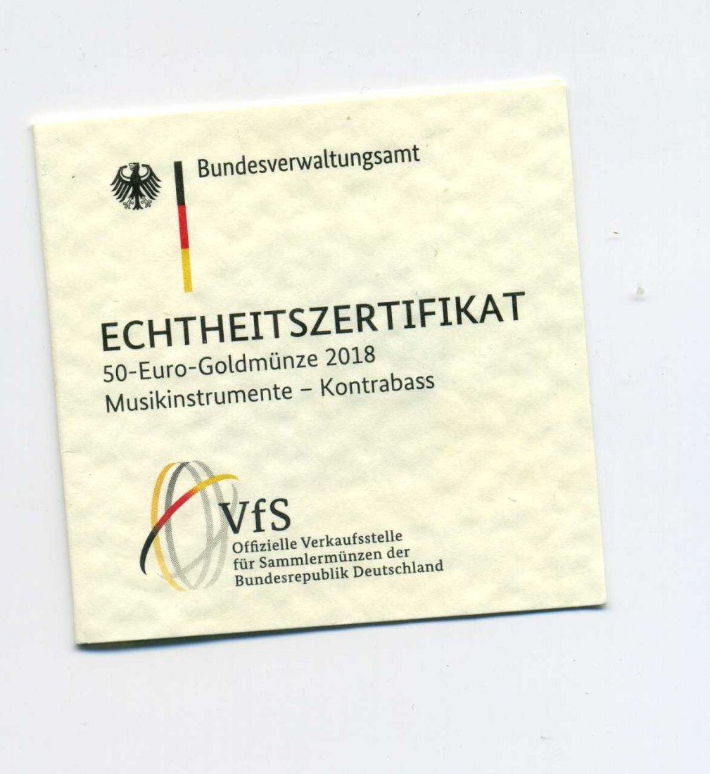  Zertifikat Original für 50 Euro Goldmünze 2018 Kontrabass nur Zertifikat !!!   