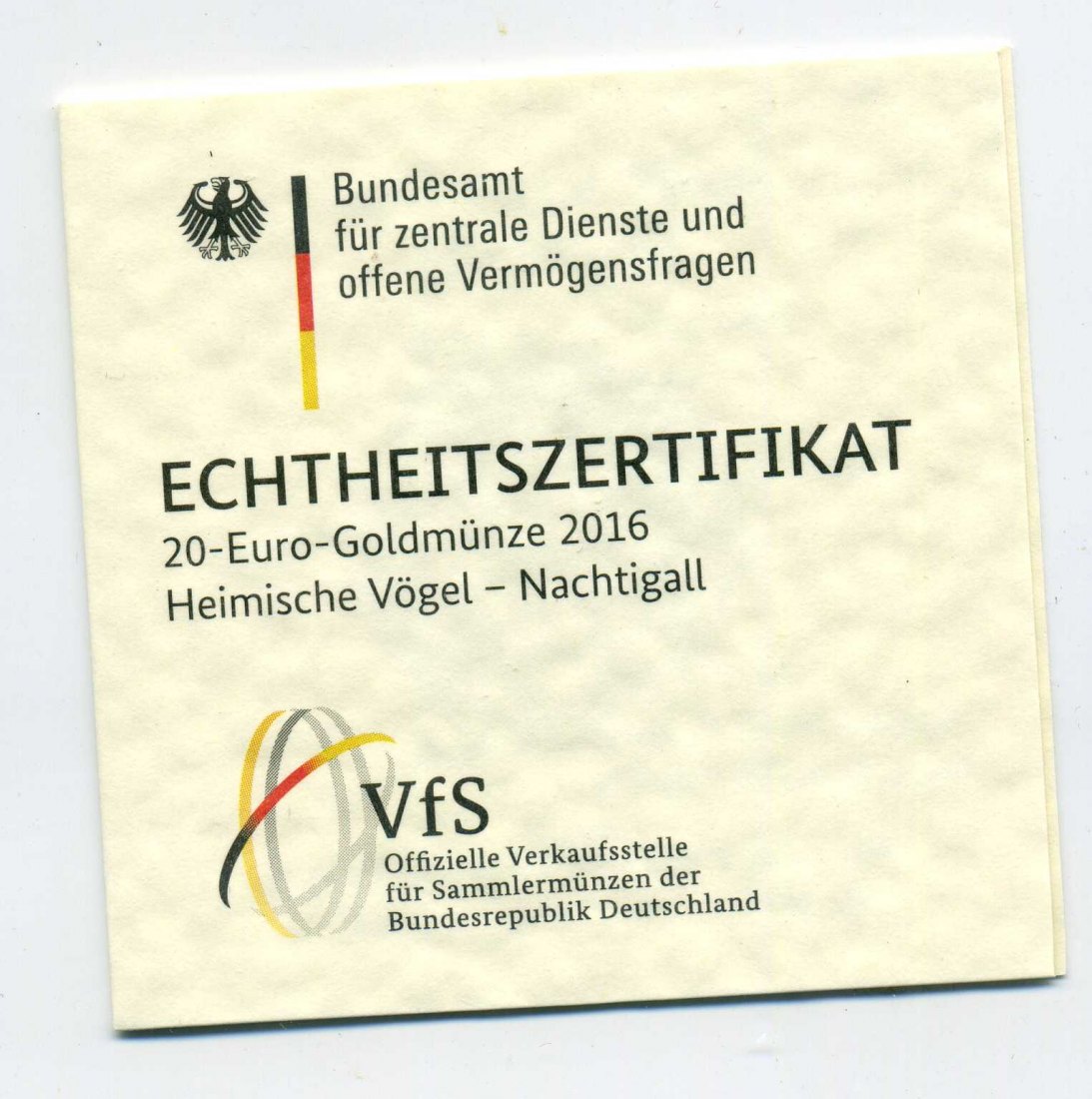  Zertifikat Original für 20 Euro Goldmünze 2016 Nachtigal nur Zertifikat !!!   