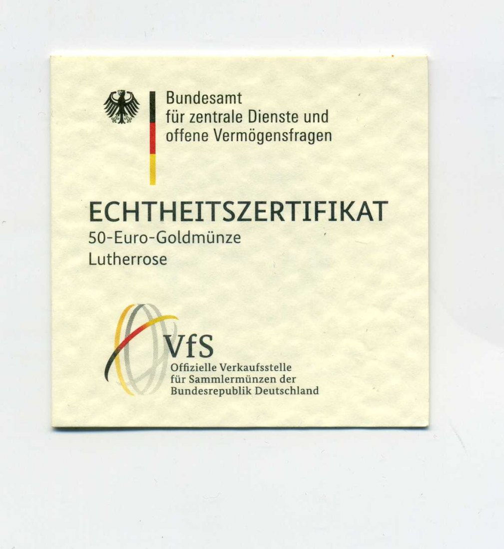  Zertifikat Original für 50 Euro Goldmünze 2017 Lutherrose nur Zertifikat !!!   