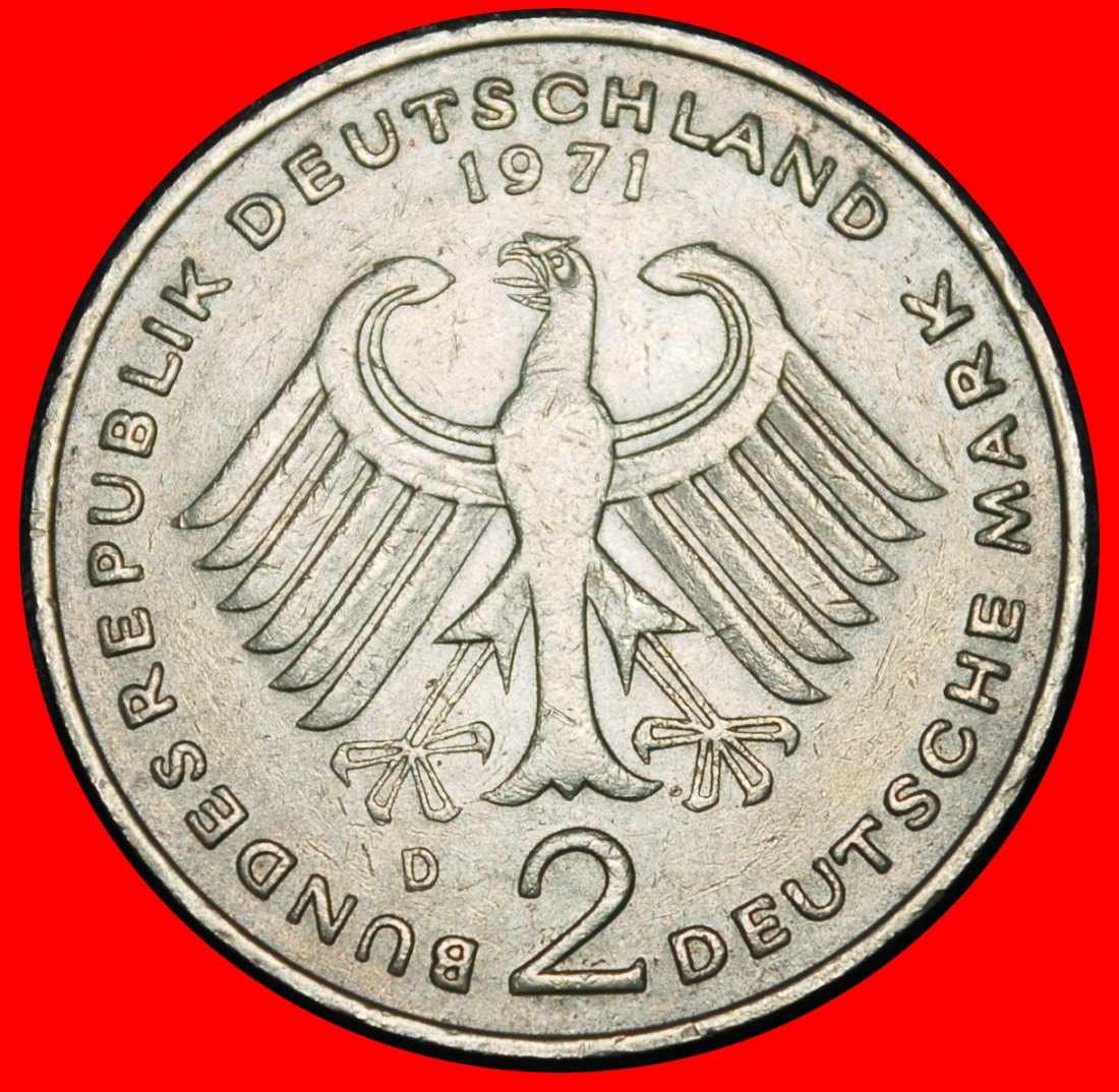  Ⰶ HEUSS (1884-1963): GERMANY ★ 2 MARKS 1971D BAVARIA 1949-1969! I+A+r1!★LOW START ★ NO RESERVE!   