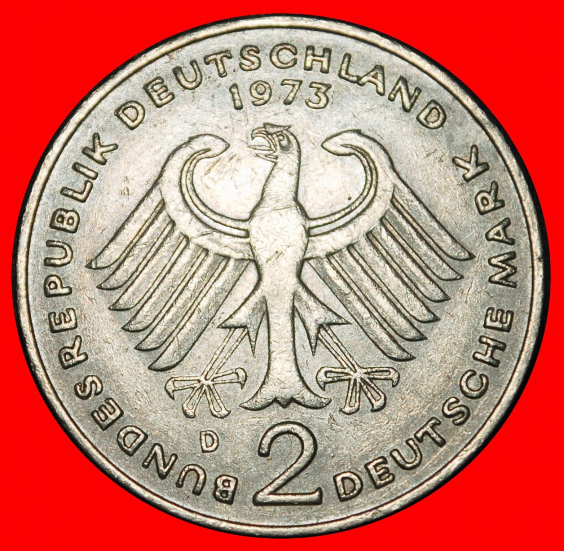  Ⰶ HEUSS (1884-1963): GERMANY ★ 2 MARKS 1973D BAVARIA 1949-1969! I+A+r2!★LOW START ★ NO RESERVE!   