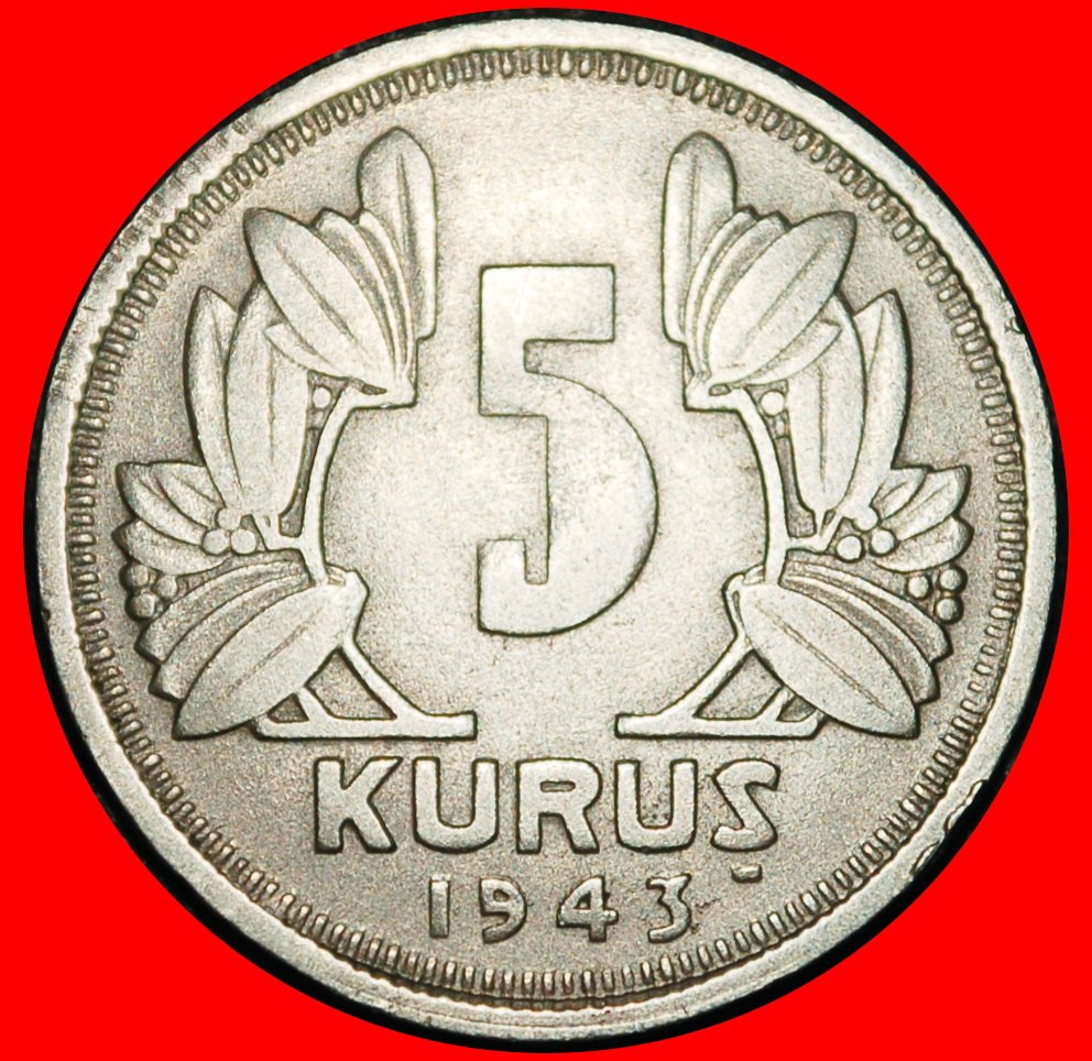  Ⰶ ERROR CRESCENT(1935-1943): TURKEY ★ 5 KURUSHES 1943! WARTIME (1939-1945)★LOW START! ★ NO RESERVE!   