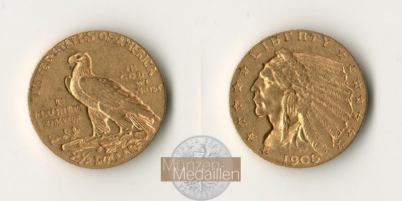 USA. 2.5 Dollar MM-Frankfurt Feingewicht: 3,76g Quarter Eagle - Indian Head 1908 