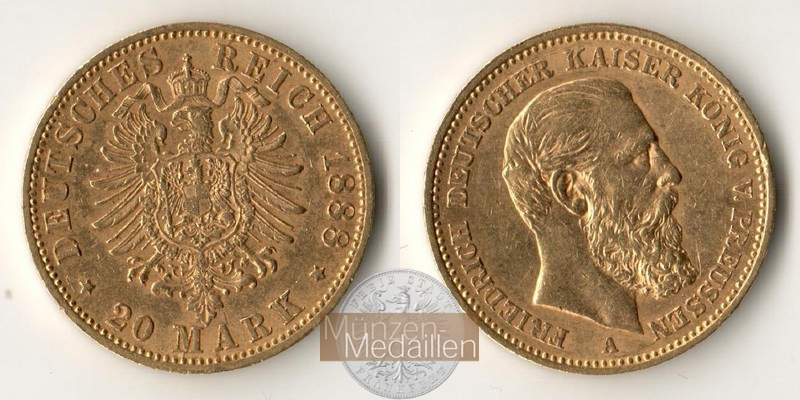 Dt. Kaiserreich Preussen, Friedrich III MM-Frankfurt KM#515 Feingold: 7,17g 20 Mark 1888 A 