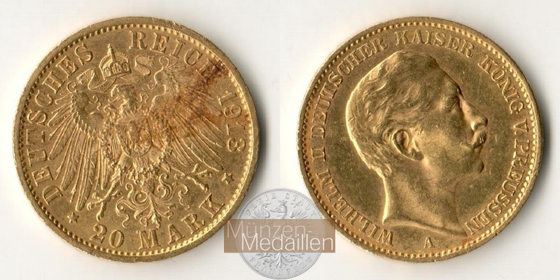 Preussen Kaiserreich  20 Mark MM-Frankfurt Feingold: 7,17g Wilhelm II. 1888-1918 1913 A 