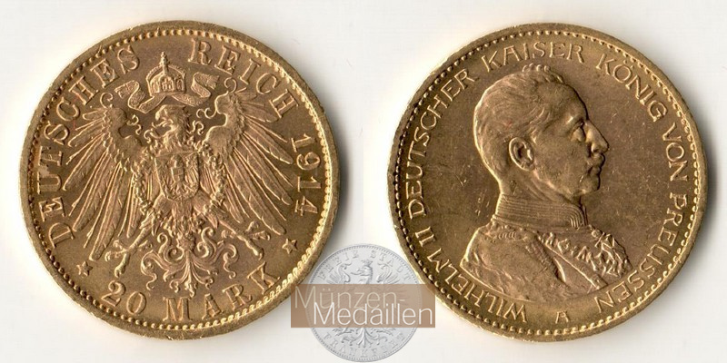Preussen Kaiserreich, Wilhelm II Uniform MM-Frankfurt KM#537 Feingold: 7,17g 20 Mark (1913-1915) 1914 A 