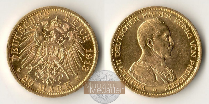 Preussen Kaiserreich, Wilhelm II Uniform MM-Frankfurt KM#537 Feingold: 7,17g 20 Mark (1913-1915) 1914 A 