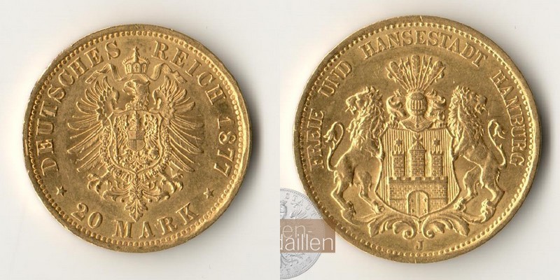 Deutsches Kaiserreich. Hamburg 20 Mark MM-Frankfurt Feingold: 7,17g  1877 J 