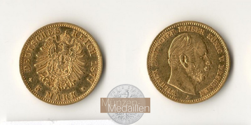Preussen Kaiserreich, Wilhelm I MM-Frankfurt KM#507 Feingold: 1,79g 5 Mark (1877-1878) 1877 A 