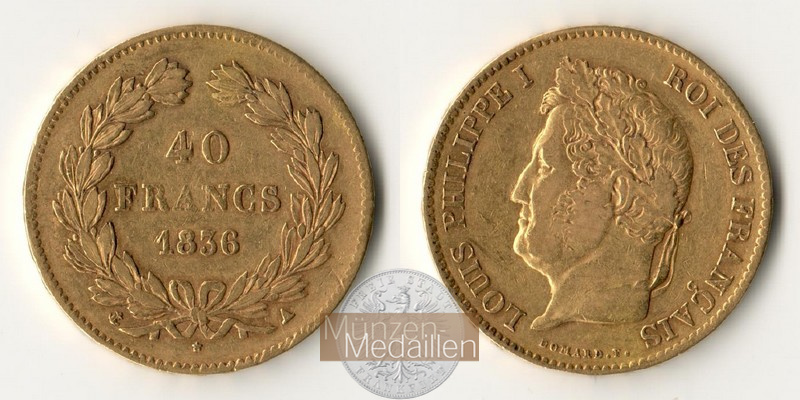 Frankreich, Louis Philippe 1830-1848. MM-Frankfurt KM#747 Feingold: 11,61g 40 Francs 1836 A 