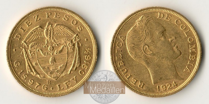 Kolumbien Feingewicht: 14,65g 10 Pesos 1924 