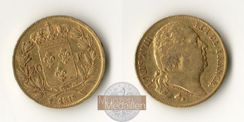 Frankreich MM-Frankfurt Feingold: 5,81g 20 Francs 1818 A 
