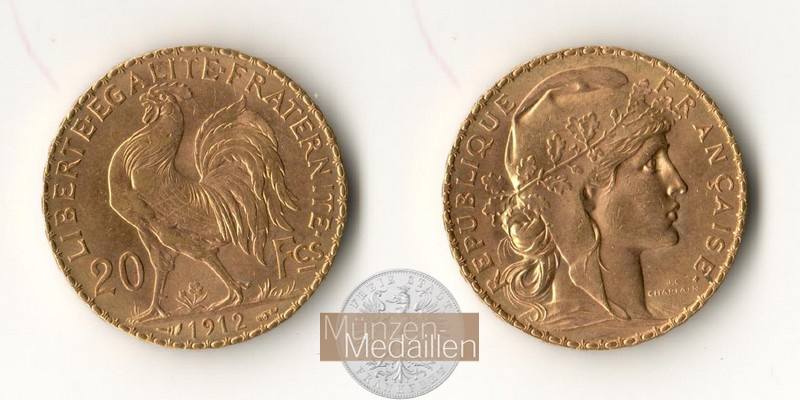 Frankreich Marianne MM-Frankfurt KM#857 Feingold: 5,8g 20 Francs (1907-1914) 1912 