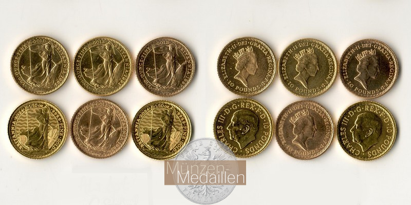 Grossbritannien  6 x 10 Pounds MM Frankfurt Feingold: zus. 18,76g Stehende Britannia 1987 - 2025 