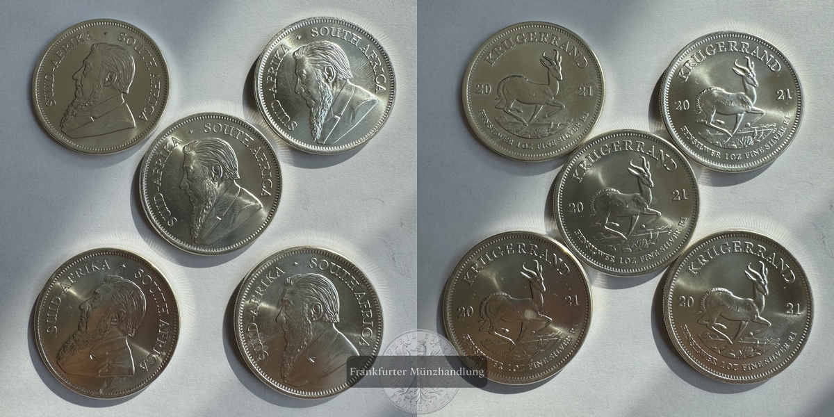  Südafrika 5x 1 Rand 2021 Krügerrand FM-Frankfurt Feinsilber: 155g   
