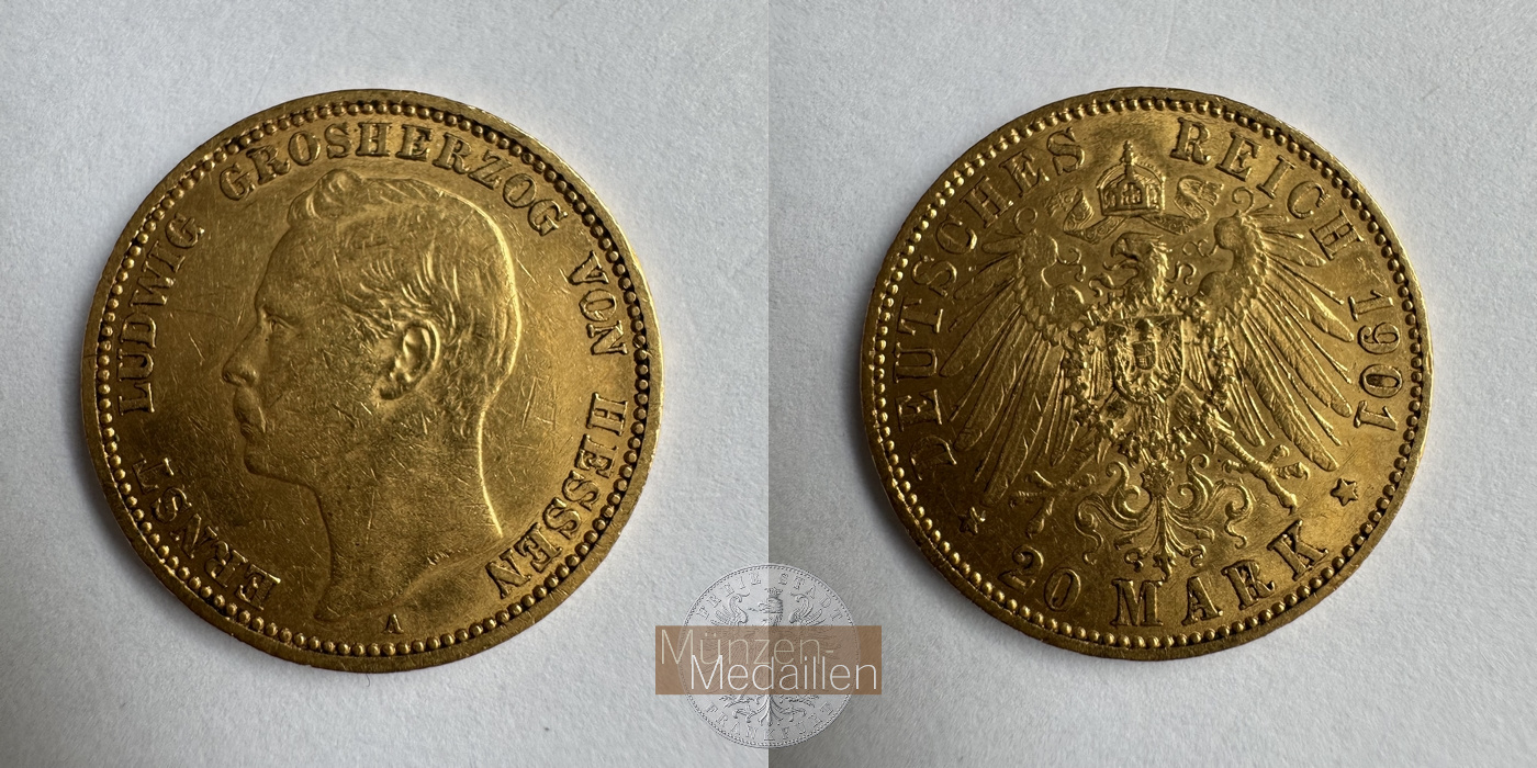  Deutschland Hessen 20 Mark A 1901 (1896-1903) Ernst Ludwig MM-Frankfurt Feingold: 7,169g   