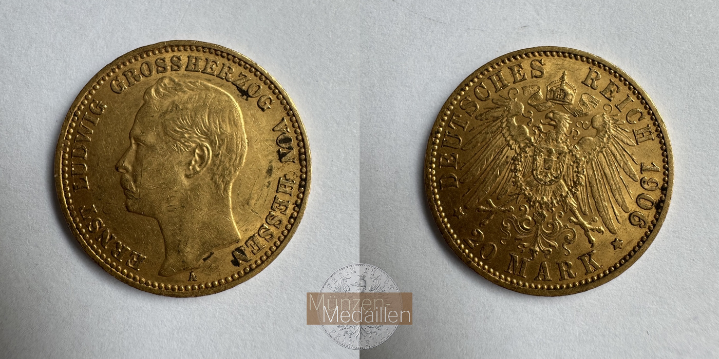  Deutschland Hessen 20 Mark A 1906 (1905-1911) Ernst Ludwig MM-Frankfurt Feingold: 7,169g   