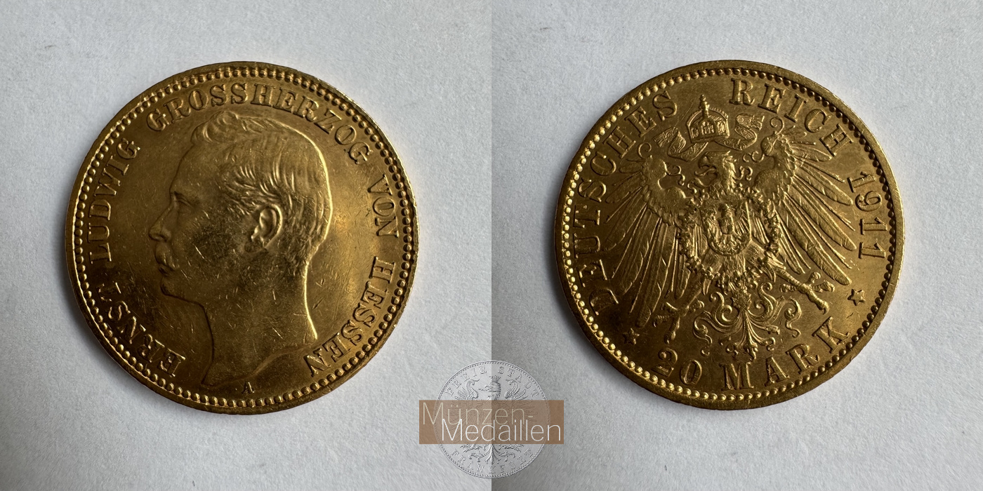  Deutschland Hessen 20 Mark A 1911 (1905-1911) Ernst Ludwig MM-Frankfurt Feingold: 7,169g   