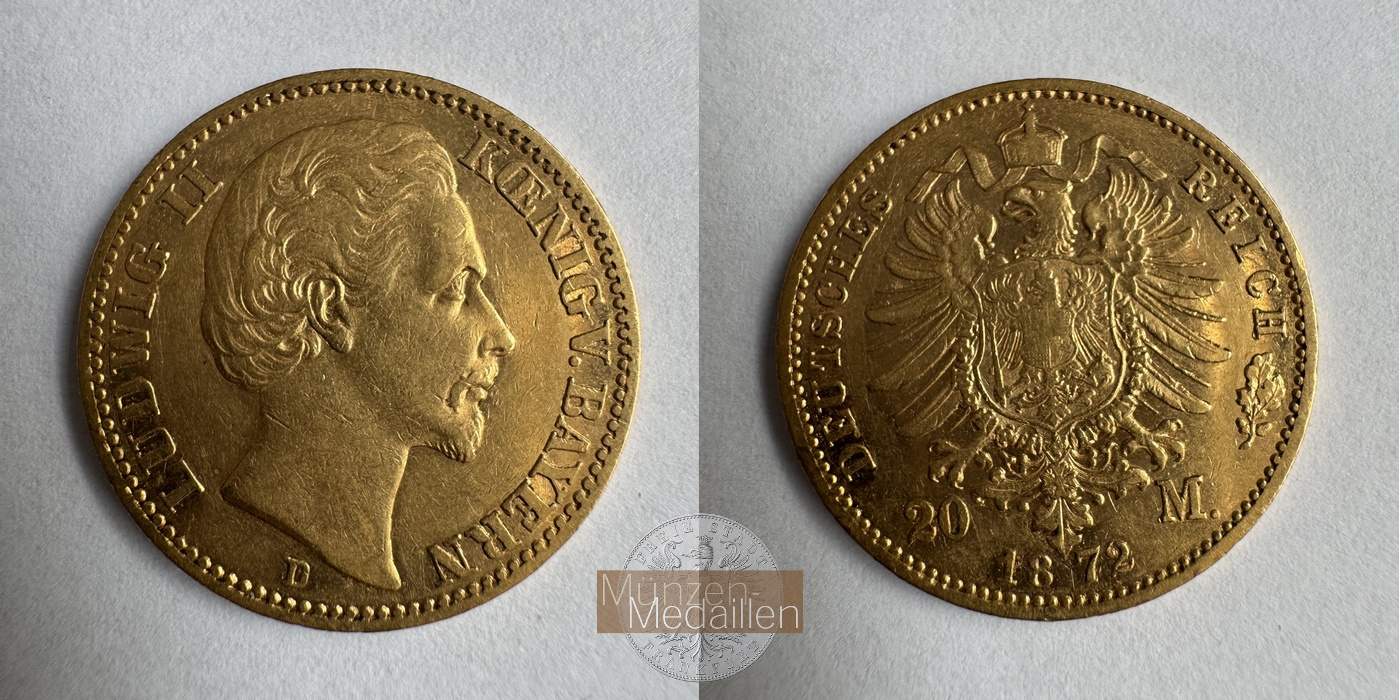  Deutschland Bayern 20 Mark D 1872 (1872-1873) Louis/Ludwig II MM-Frankfurt Feingold: 7,169g   