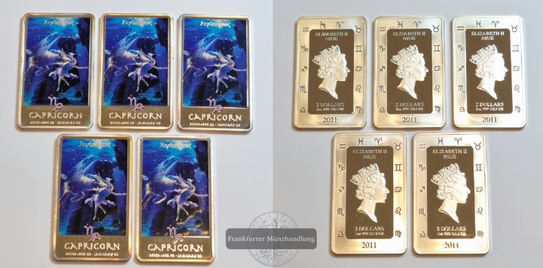  Niue 2 Dollars 2011 Silberbarren Sternzeichen Capricorn 5 Stück LOT FM-Frankfurt Feinsilber: 155,34g   