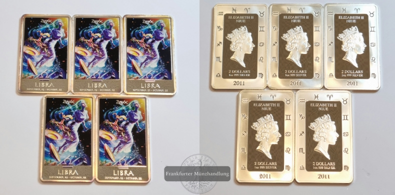  Niue 2 Dollars 2011 Silberbarren Sternzeichen Libra 5 Stück LOT FM-Frankfurt Feinsilber: 155,34g   